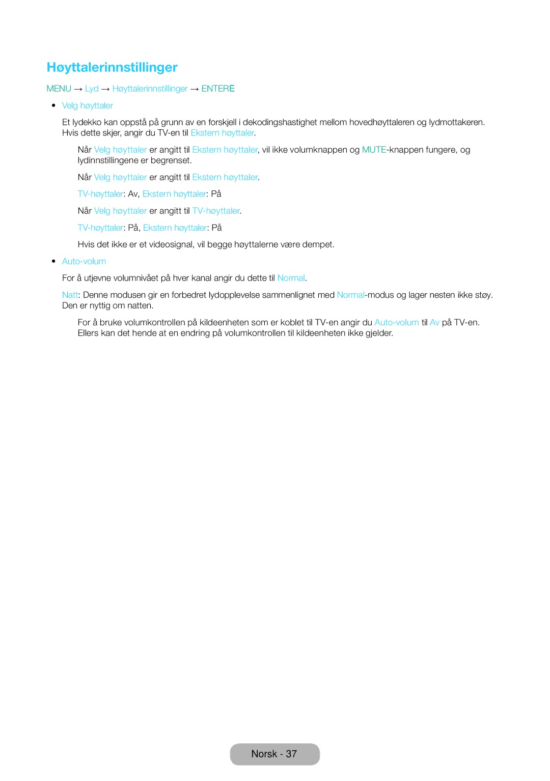 Samsung LT31D310EW/XU manual Menu → Lyd → Høyttalerinnstillinger → Entere Velg høyttaler, Auto-volum 