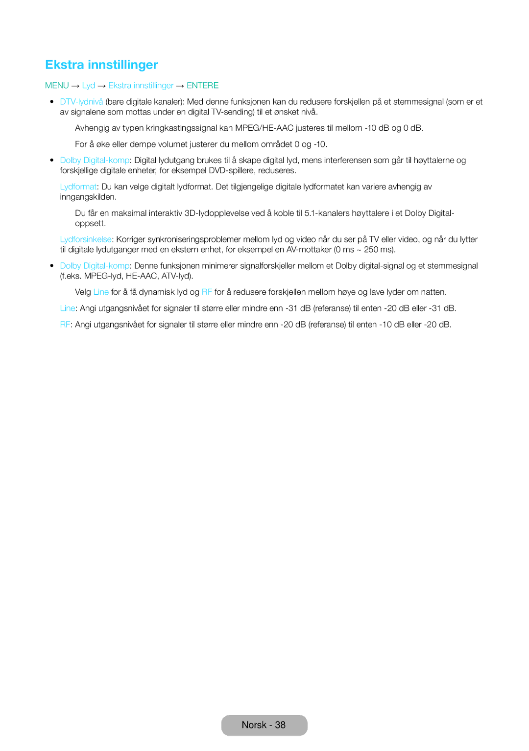 Samsung LT31D310EW/XU manual Menu → Lyd → Ekstra innstillinger → Entere 