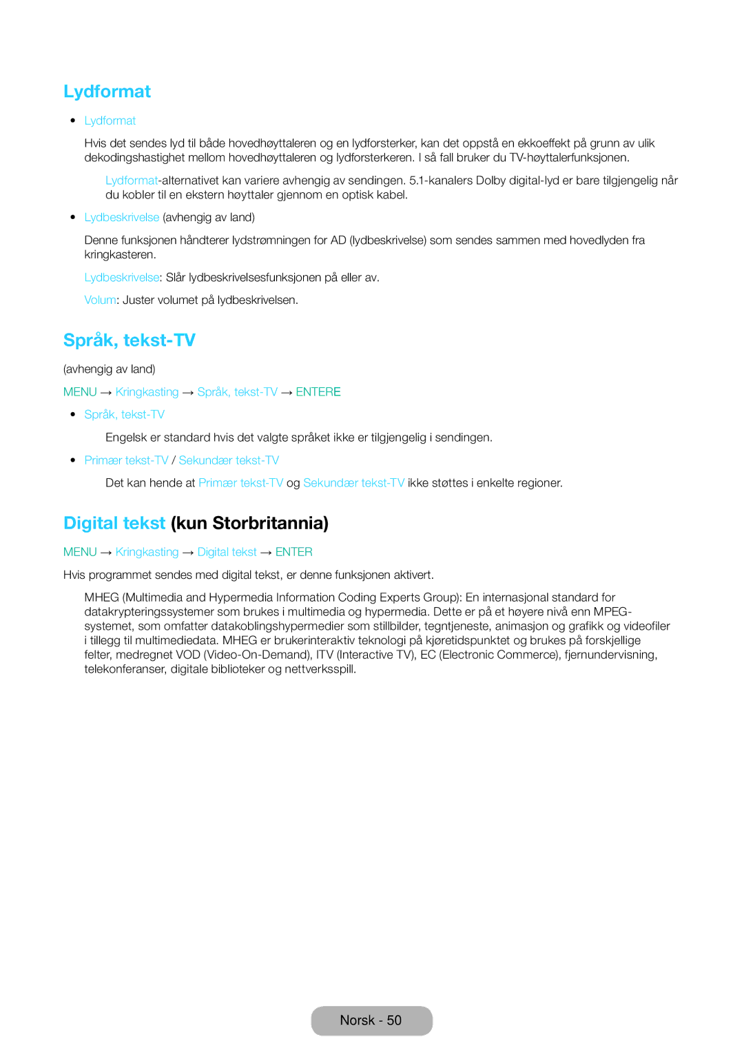 Samsung LT31D310EW/XU manual Lydformat, Språk, tekst-TV, Digital tekst kun Storbritannia 