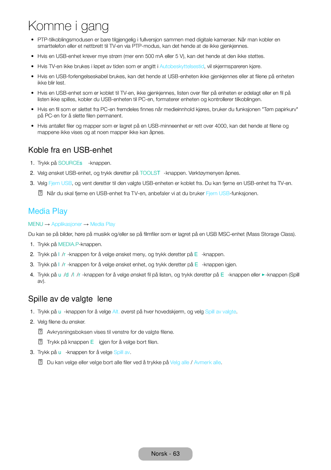 Samsung LT31D310EW/XU manual Koble fra en USB-enhet, Spille av de valgte filene, Menu → Applikasjoner → Media Play 