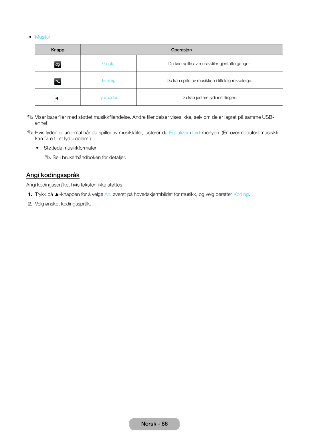 Samsung LT31D310EW/XU manual Angi kodingsspråk, Du kan spille av musikkfiler gjentatte ganger 