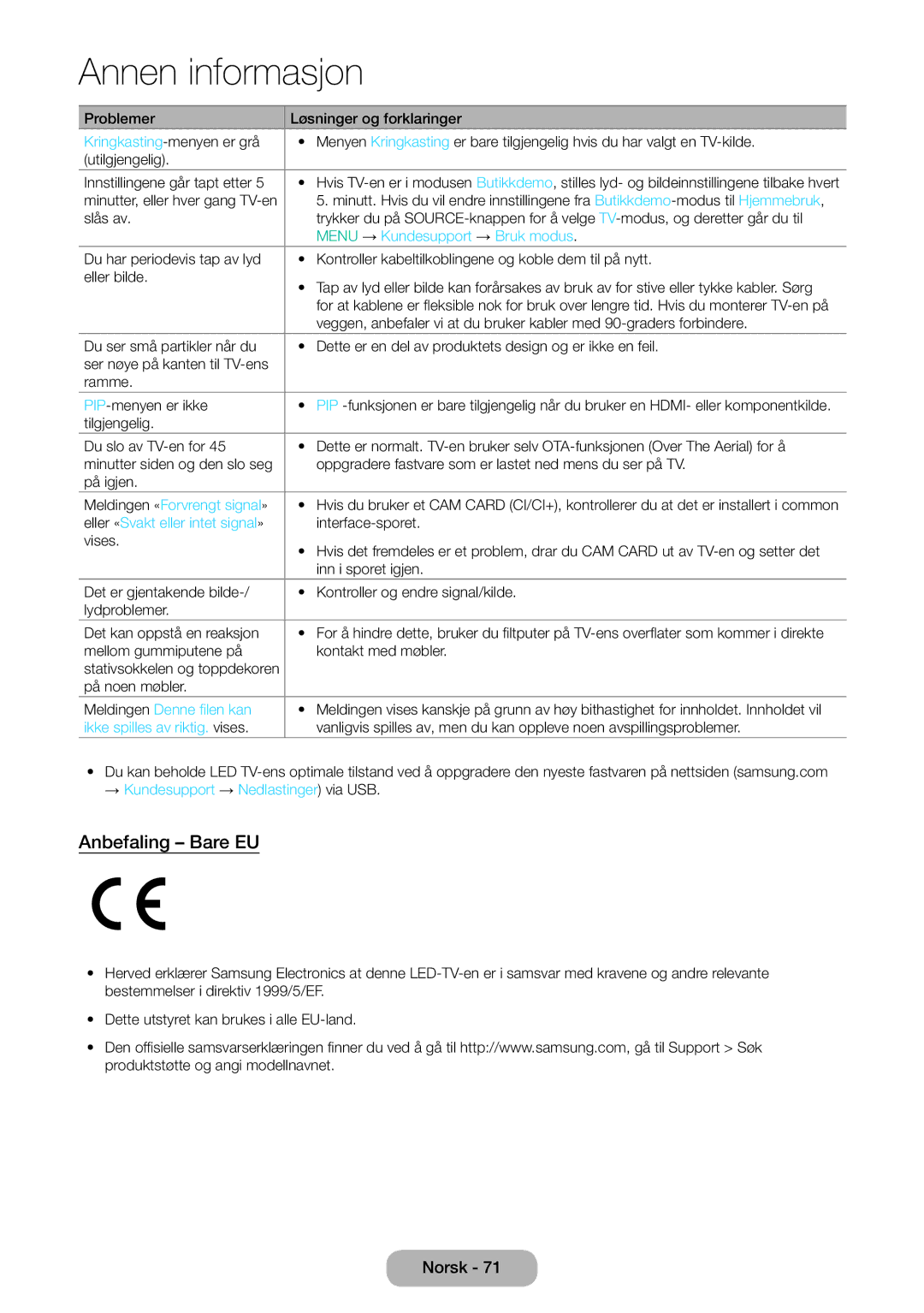 Samsung LT31D310EW/XU manual Anbefaling Bare EU 