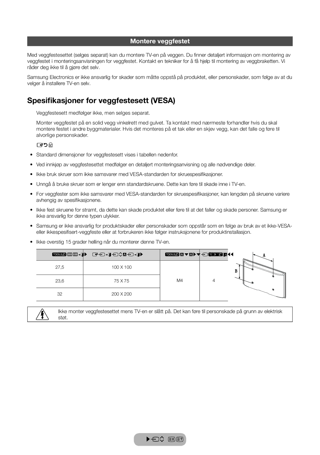 Samsung LT31D310EW/XU manual Spesifikasjoner for veggfestesett Vesa, Montere veggfestet 