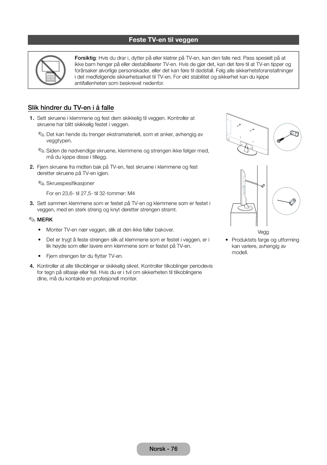 Samsung LT31D310EW/XU manual Feste TV-en til veggen, Slik hindrer du TV-en i å falle 