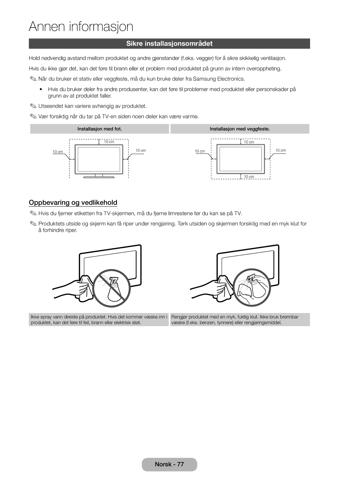 Samsung LT31D310EW/XU manual Sikre installasjonsområdet, Oppbevaring og vedlikehold 