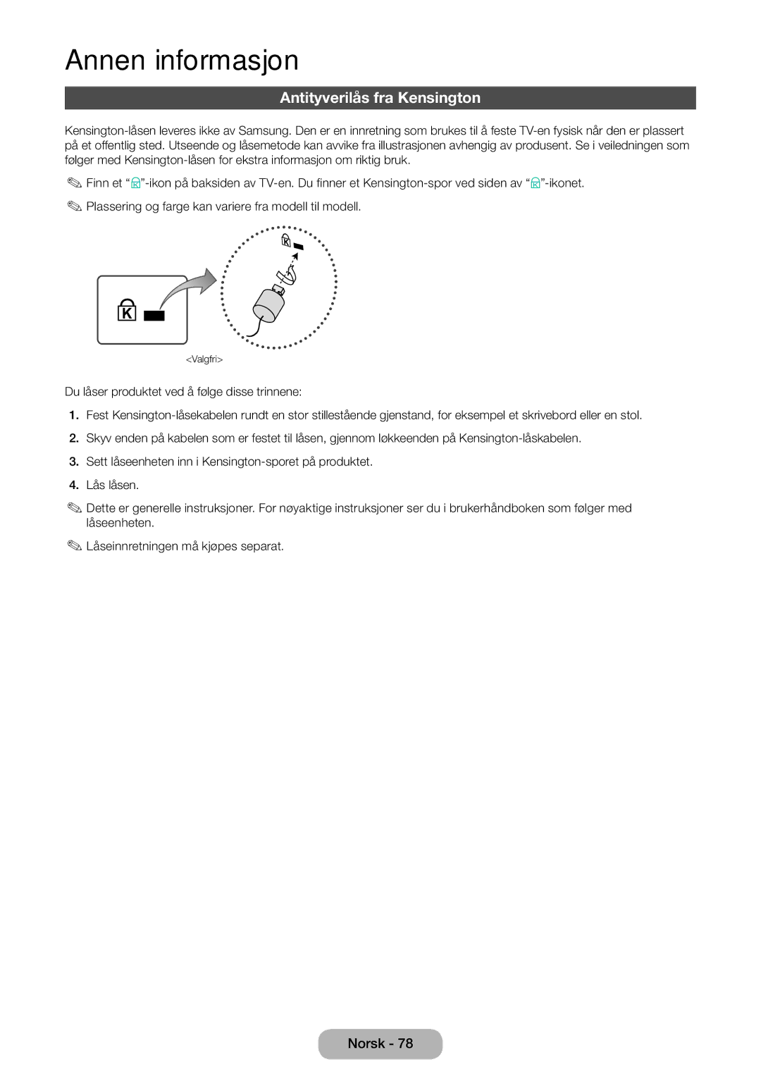 Samsung LT31D310EW/XU manual Antityverilås fra Kensington 