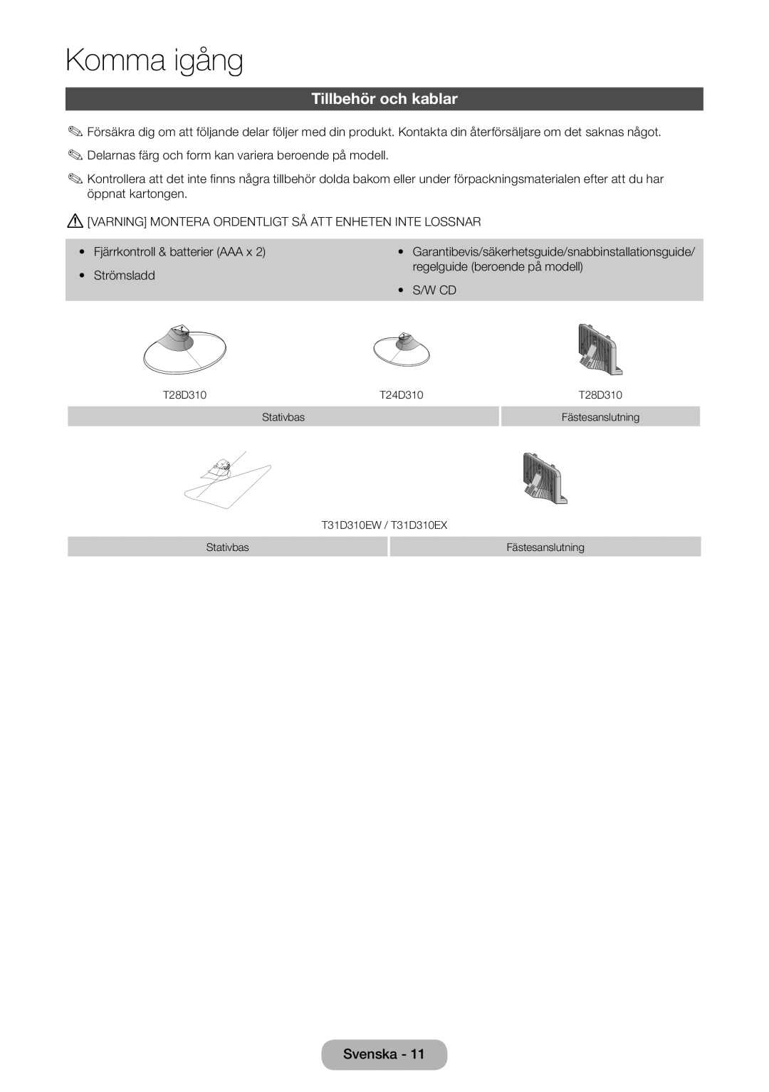 Samsung LT31D310EW/XU manual Tillbehör och kablar, Varning Montera Ordentligt SÅ ATT Enheten Inte Lossnar 