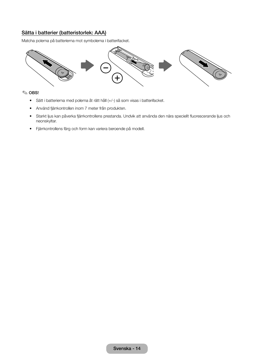 Samsung LT31D310EW/XU manual Sätta i batterier batteristorlek AAA 