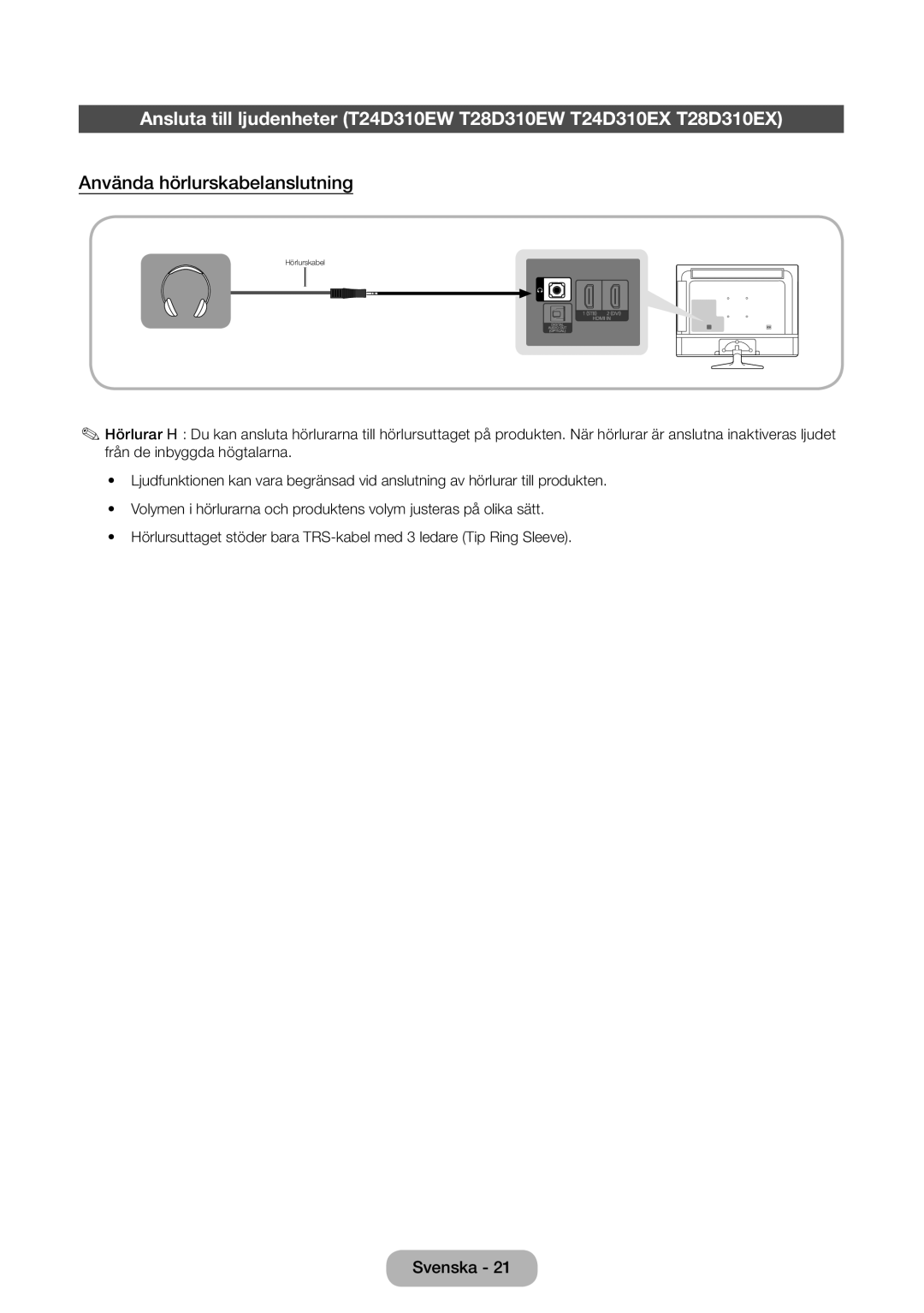 Samsung LT31D310EW/XU manual Använda hörlurskabelanslutning 