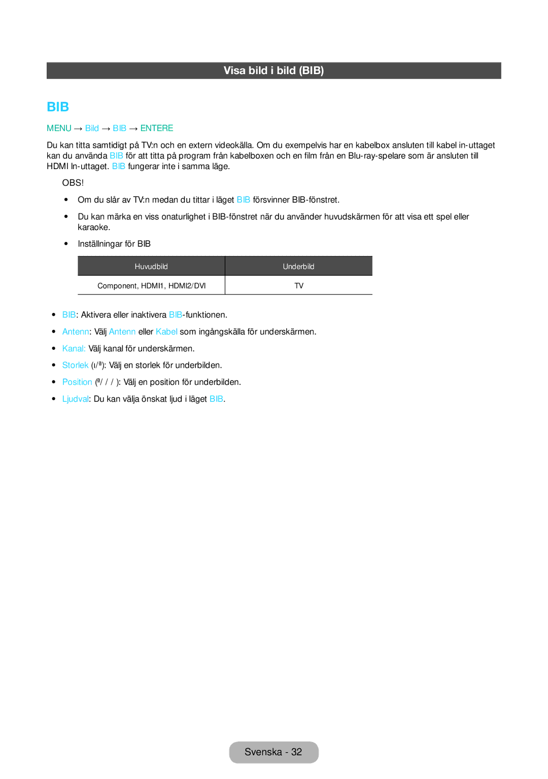 Samsung LT31D310EW/XU manual Bib, Visa bild i bild BIB 