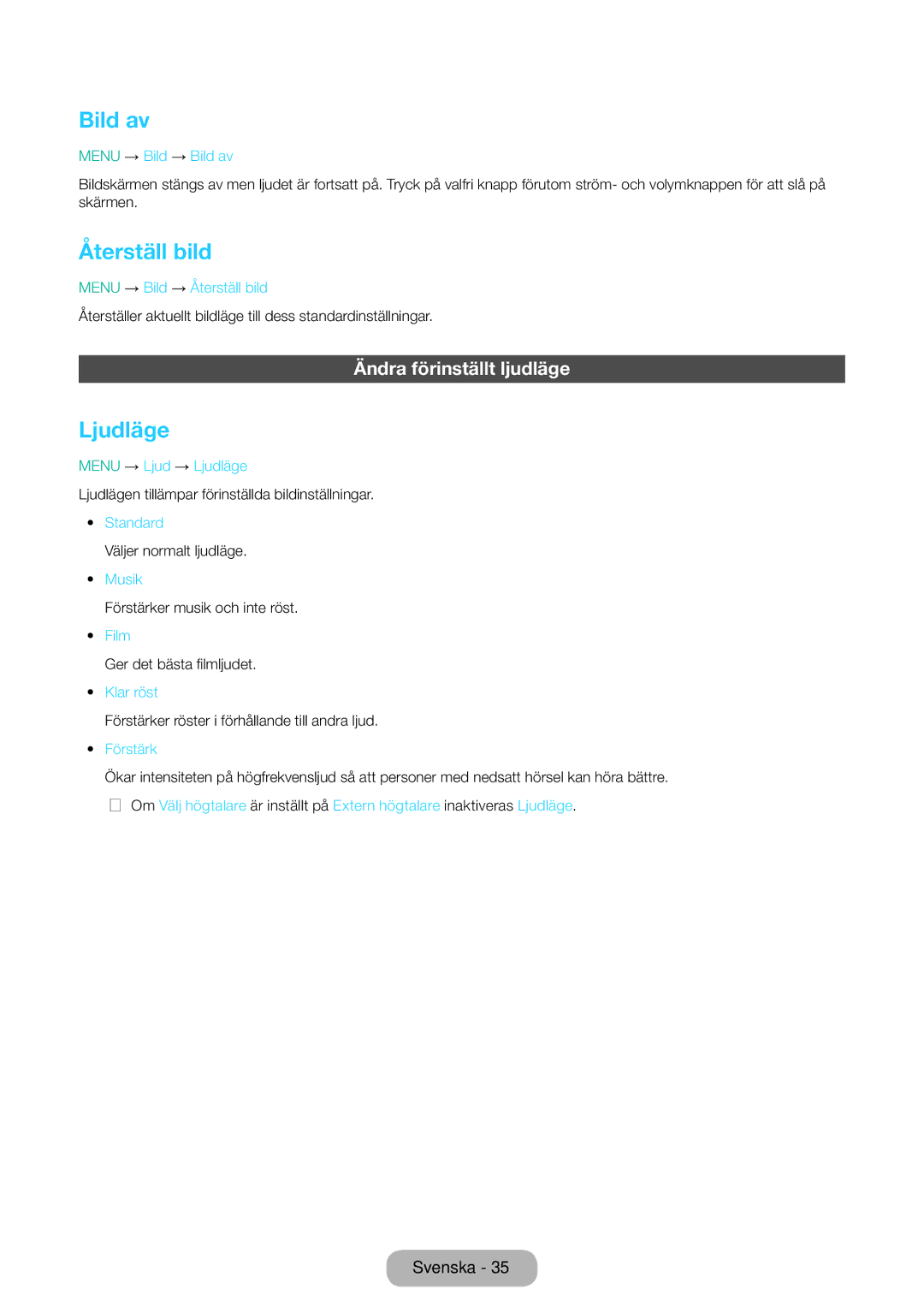 Samsung LT31D310EW/XU manual Bild av, Återställ bild, Ljudläge, Ändra förinställt ljudläge 