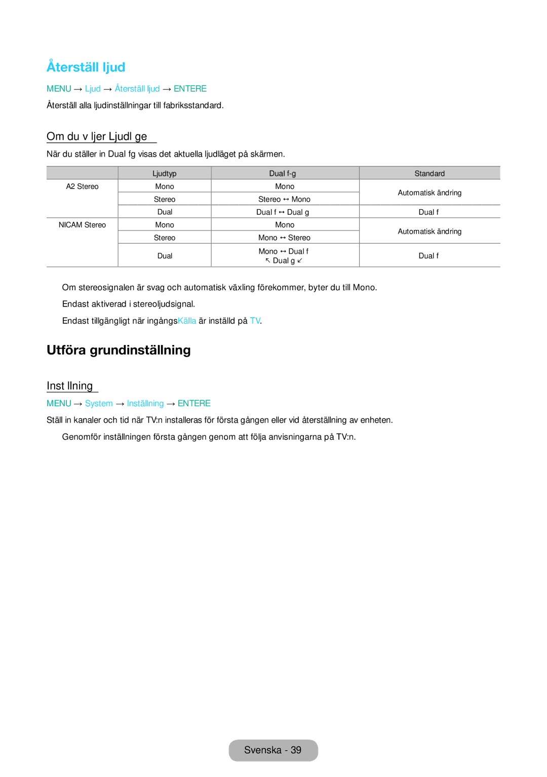 Samsung LT31D310EW/XU manual Återställ ljud, Utföra grundinställning, Om du väljer Ljudläge, Inställning 