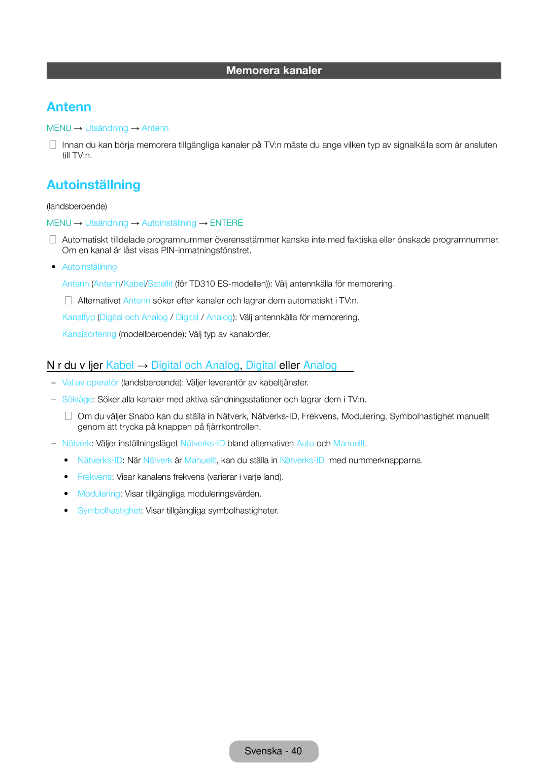 Samsung LT31D310EW/XU manual Antenn, Autoinställning, Memorera kanaler 