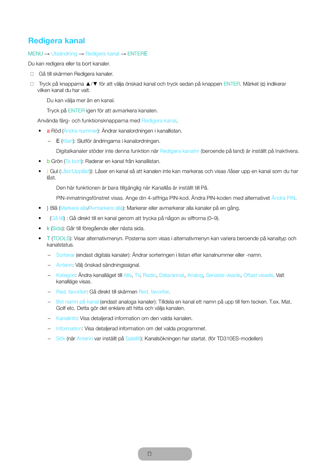 Samsung LT31D310EW/XU manual Menu → Utsändning → Redigera kanal → Entere 