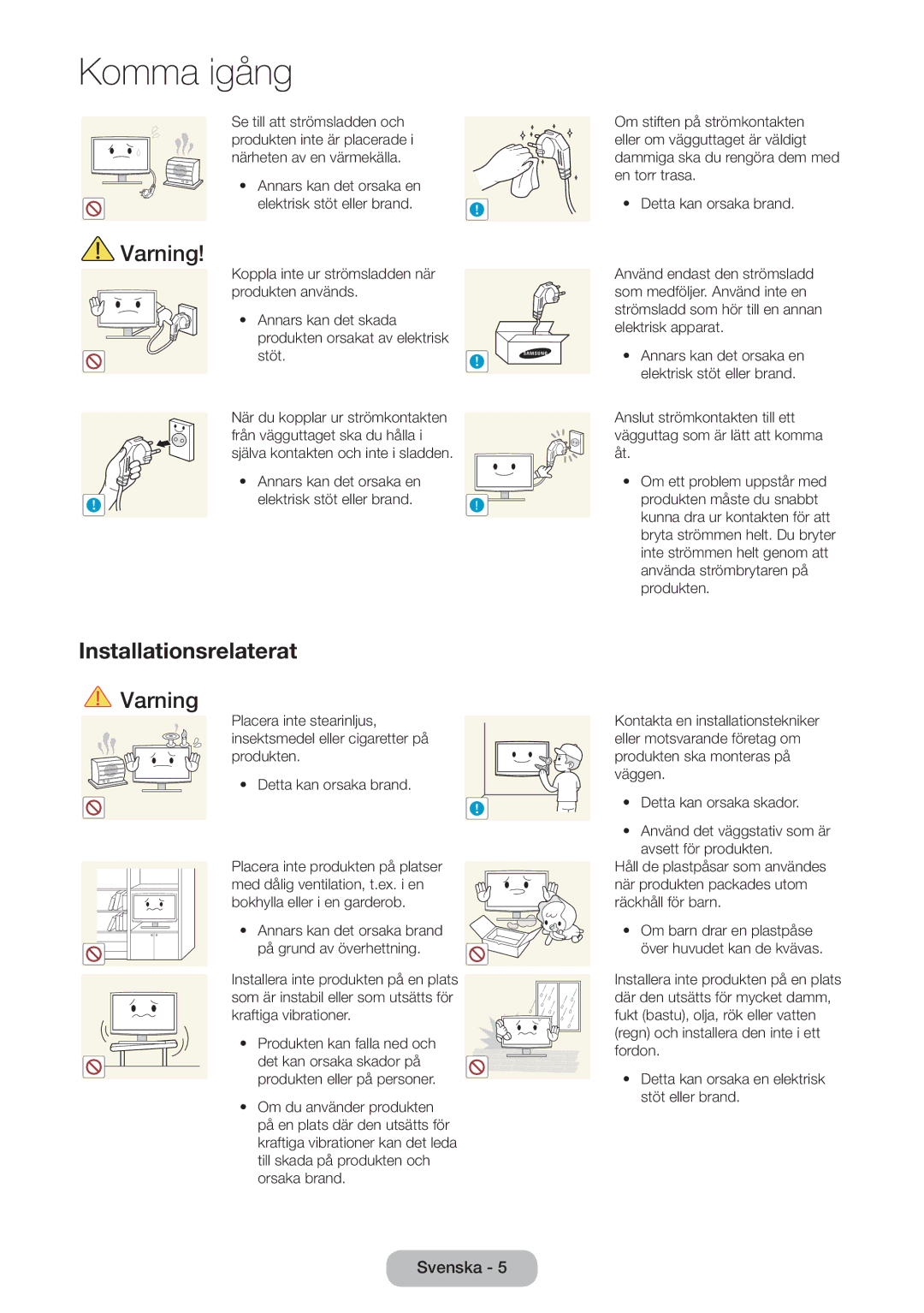 Samsung LT31D310EW/XU manual Installationsrelaterat, Elektrisk stöt eller brand 