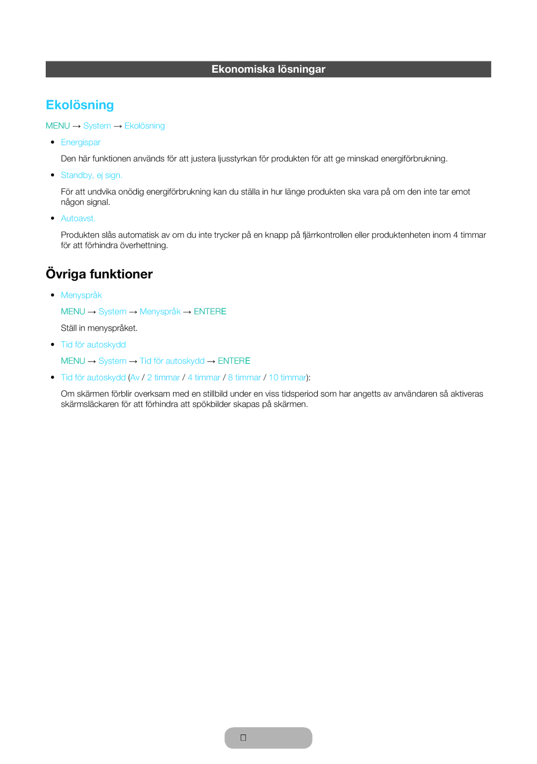 Samsung LT31D310EW/XU manual Ekolösning, Övriga funktioner, Ekonomiska lösningar 