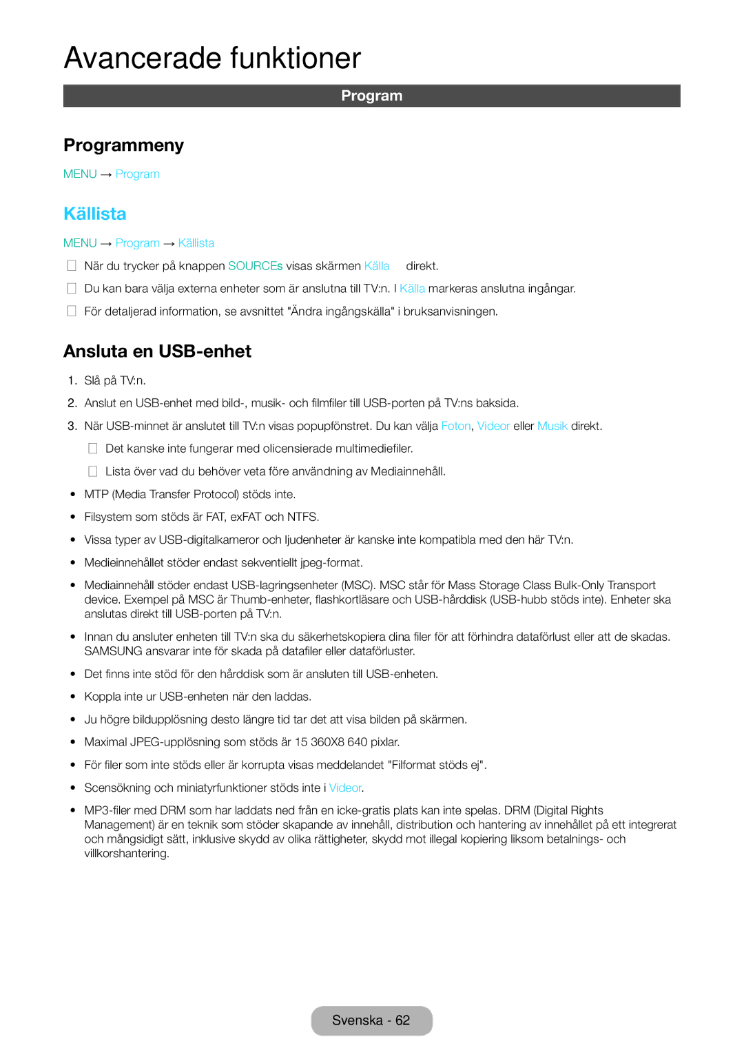 Samsung LT31D310EW/XU manual Programmeny, Källista, Ansluta en USB-enhet 