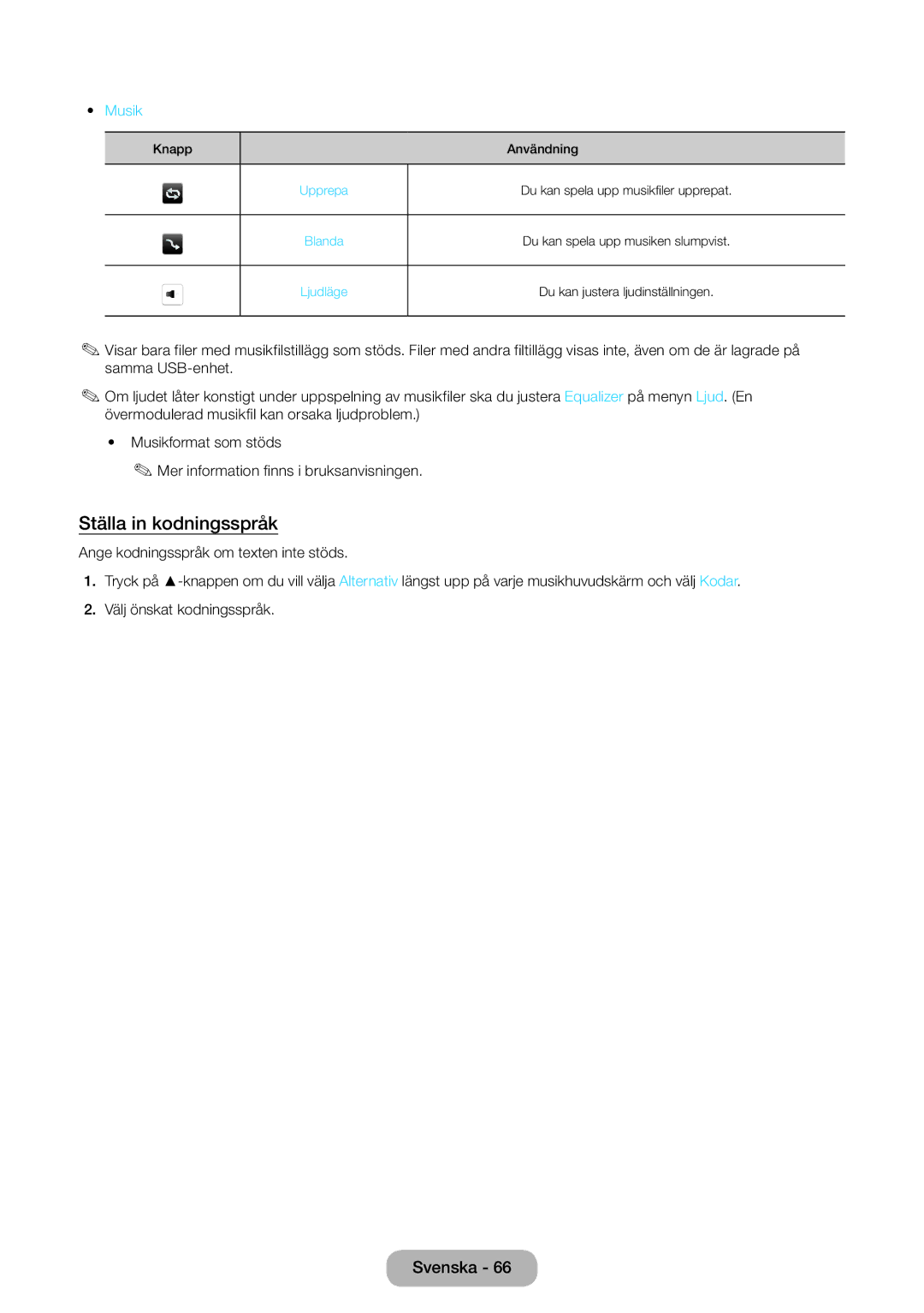 Samsung LT31D310EW/XU manual Ställa in kodningsspråk, Musik 