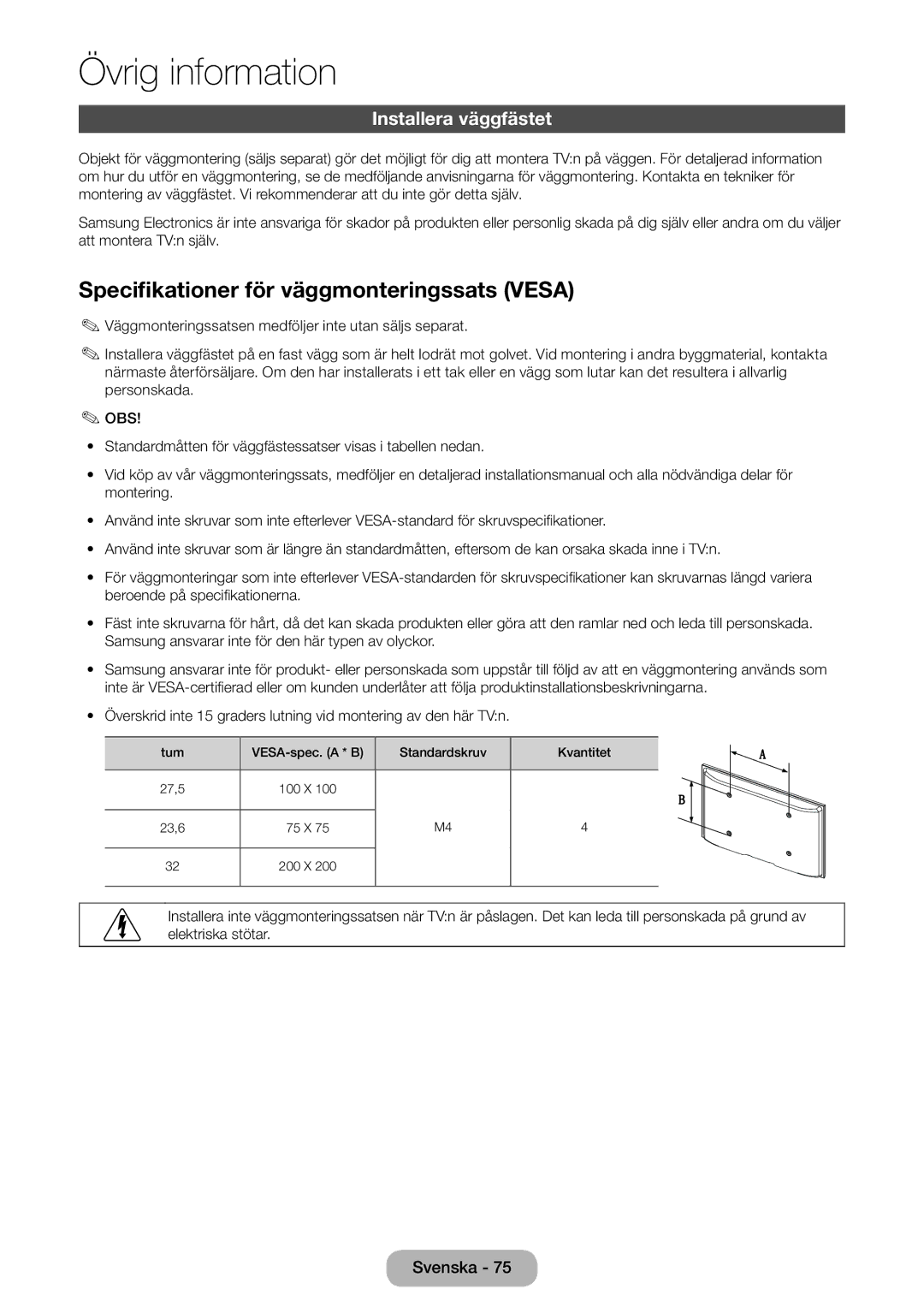 Samsung LT31D310EW/XU manual Specifikationer för väggmonteringssats Vesa, Installera väggfästet 