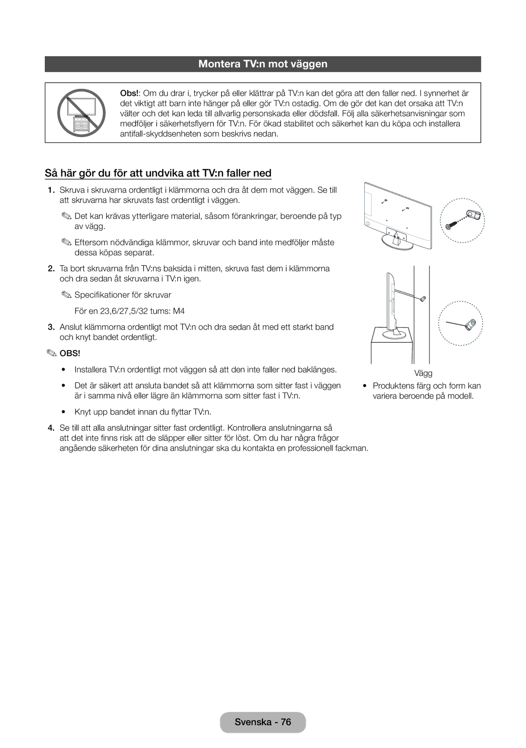 Samsung LT31D310EW/XU manual Montera TVn mot väggen, Så här gör du för att undvika att TVn faller ned 