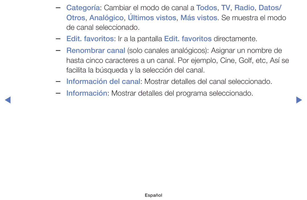 Samsung LT32E310EW/EN, LT28E310EW/EN, LT24E310EW/EN manual Categoría Cambiar el modo de canal a Todos, TV, Radio, Datos 