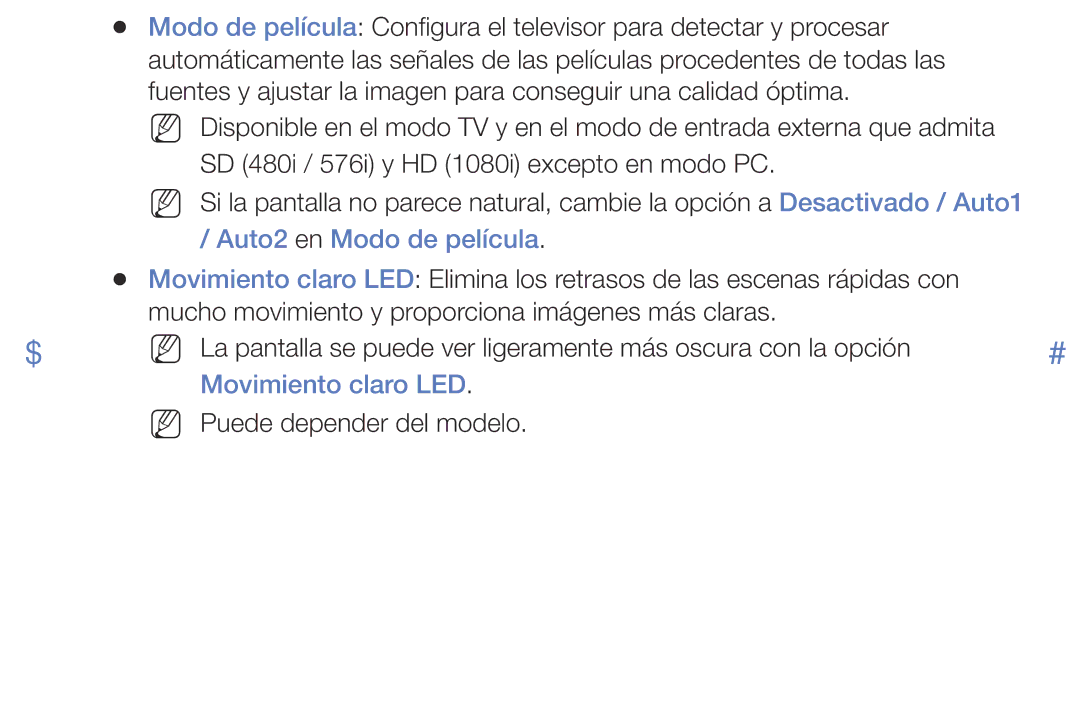 Samsung LT28E310EW/EN, LT32E310EW/EN, LT24E310EW/EN manual Auto2 en Modo de película, Movimiento claro LED 