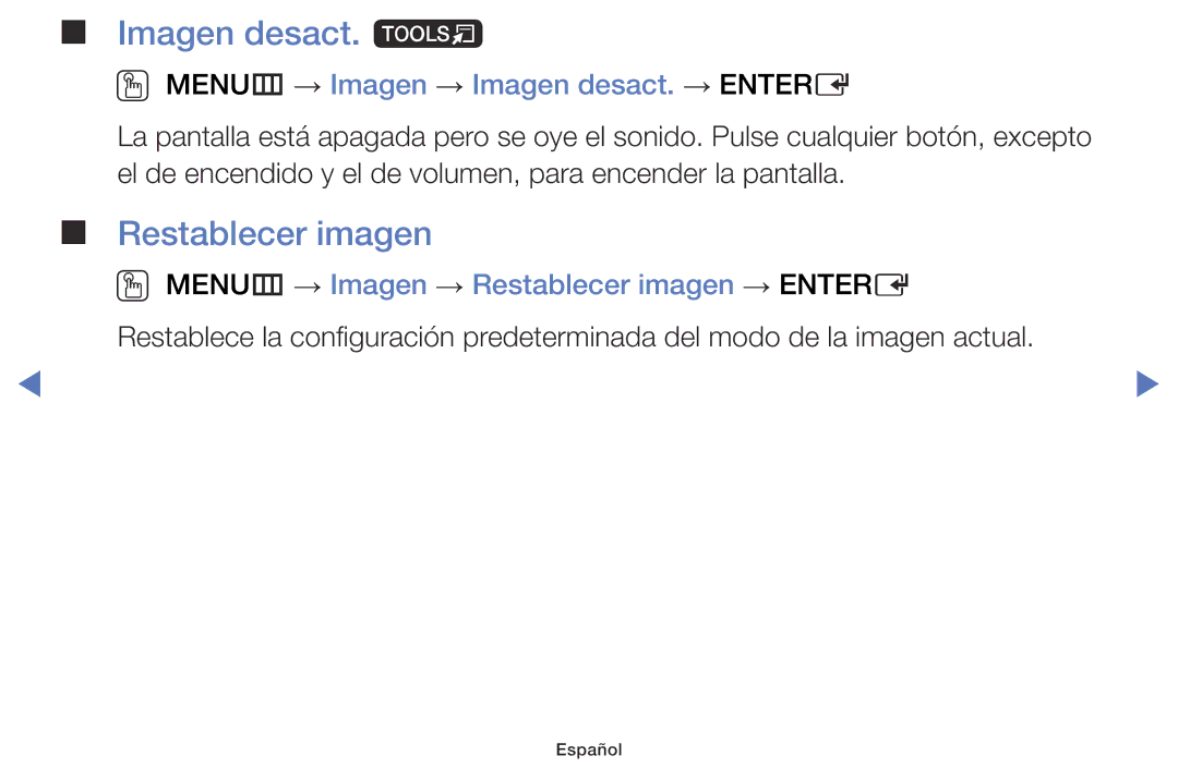 Samsung LT24E310EW/EN, LT32E310EW/EN Imagen desact. t, Restablecer imagen, OO MENUm → Imagen → Imagen desact. → Entere 