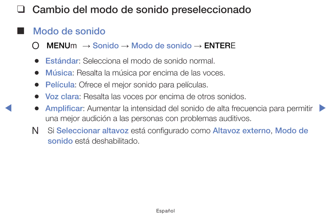 Samsung LT32E310EW/EN, LT28E310EW/EN, LT24E310EW/EN manual Cambio del modo de sonido preseleccionado, Modo de sonido 