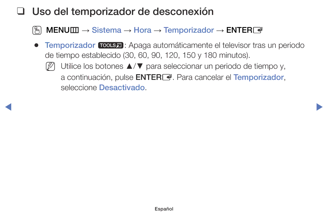 Samsung LT24E310EW/EN manual Uso del temporizador de desconexión, OO MENUm → Sistema → Hora → Temporizador → Entere 