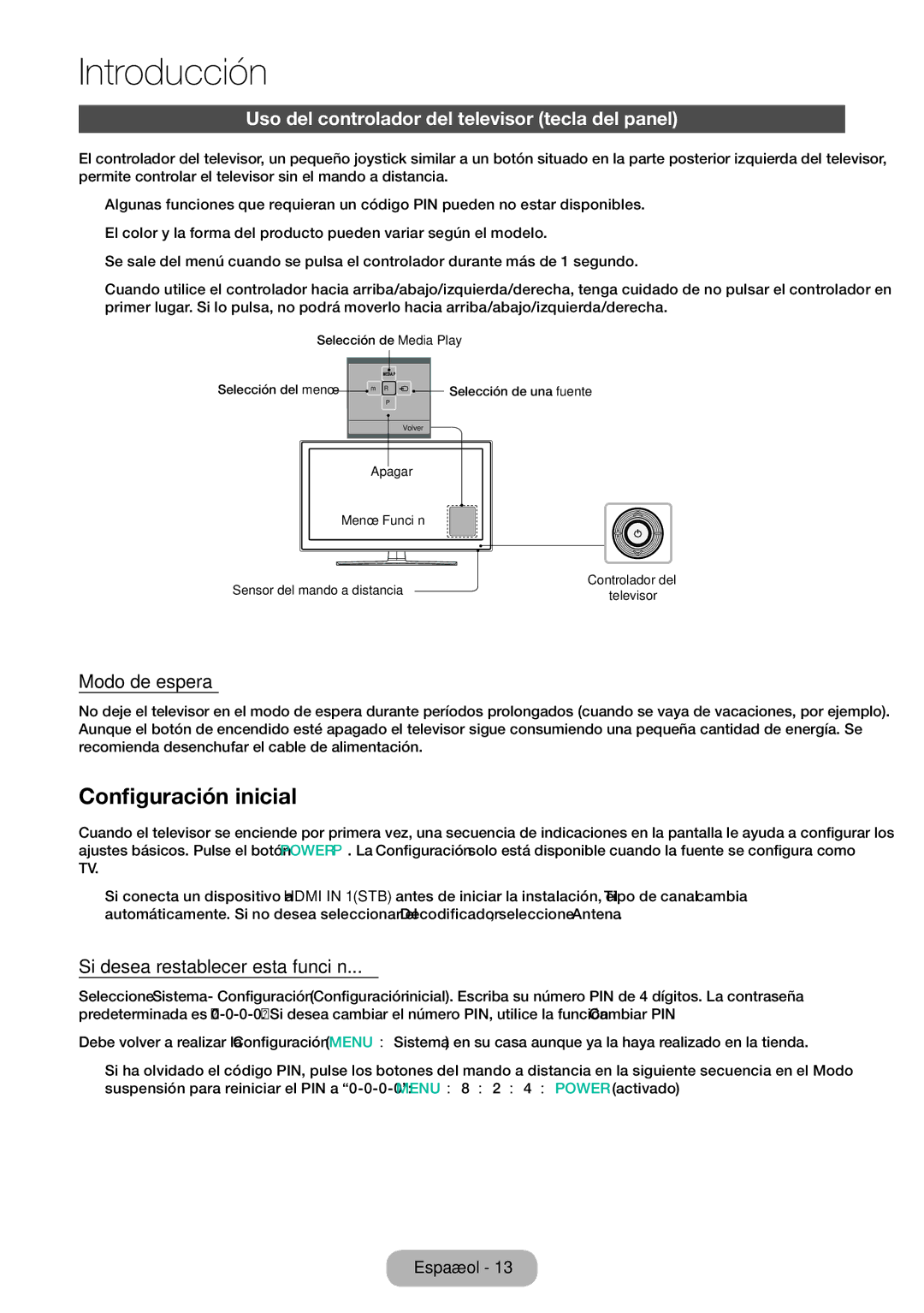 Samsung LT28E310EW/EN manual Configuración inicial, Uso del controlador del televisor tecla del panel, Modo de espera 