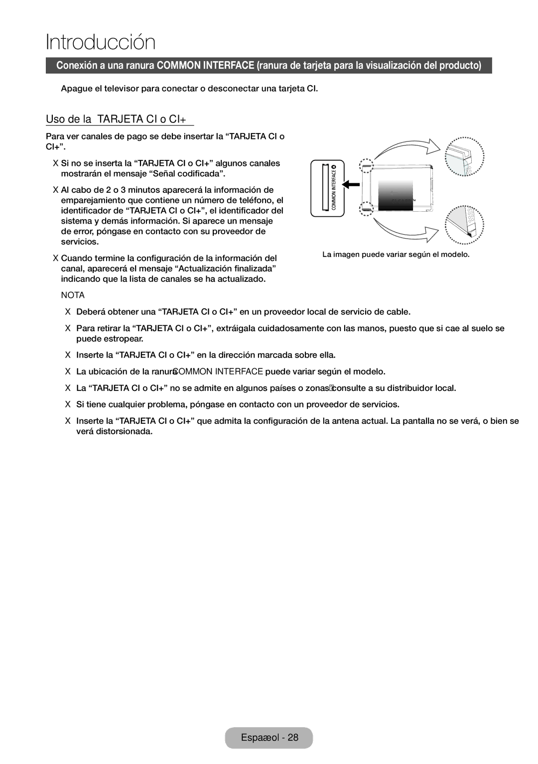 Samsung LT28E310EW/EN, LT32E310EW/EN, LT24E310EW/EN manual Uso de la Tarjeta CI o CI+ 