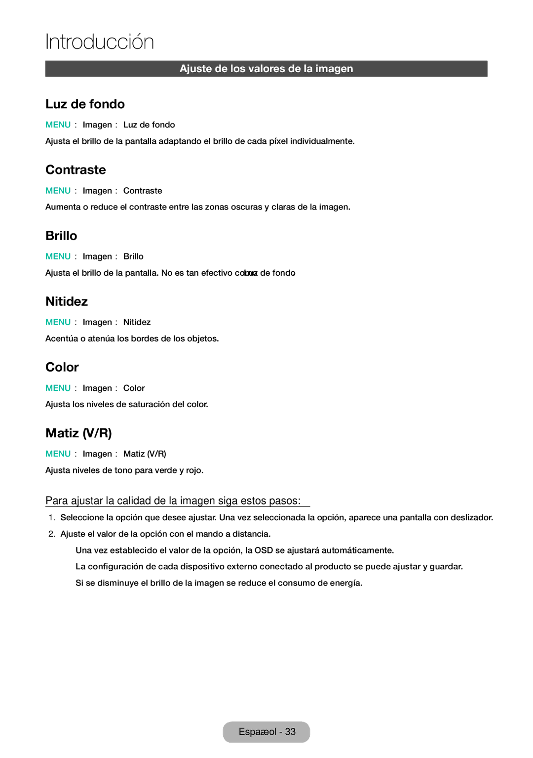 Samsung LT32E310EW/EN, LT28E310EW/EN, LT24E310EW/EN manual Luz de fondo, Contraste, Brillo, Nitidez, Color, Matiz V/R 