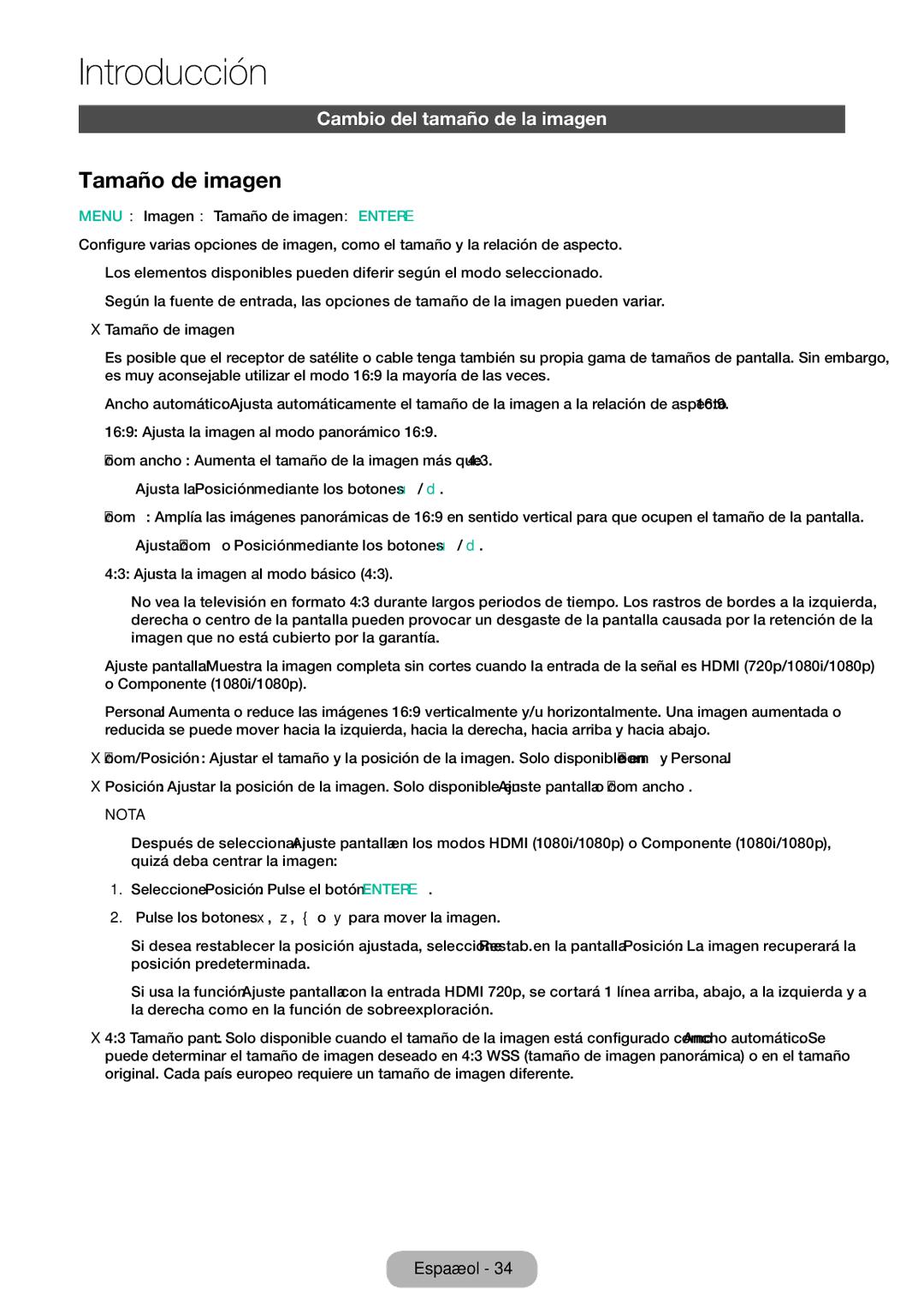 Samsung LT28E310EW/EN, LT32E310EW/EN manual Cambio del tamaño de la imagen , Menu → Imagen → Tamaño de imagen → Entere 