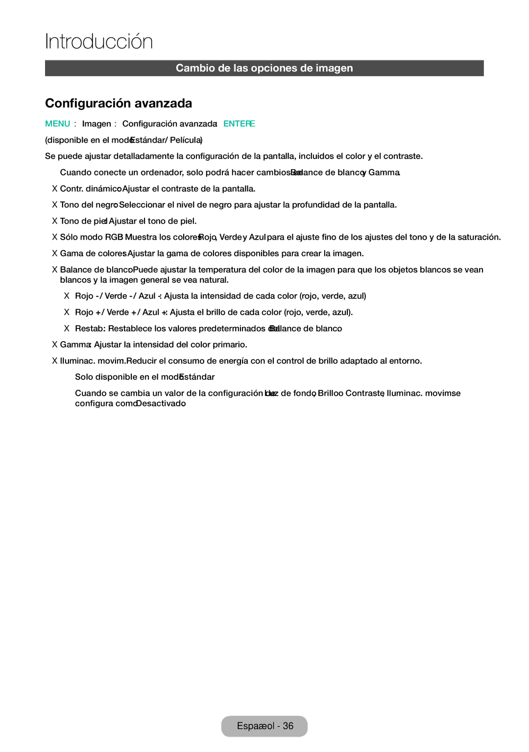 Samsung LT32E310EW/EN, LT28E310EW/EN, LT24E310EW/EN manual Configuración avanzada, Cambio de las opciones de imagen  