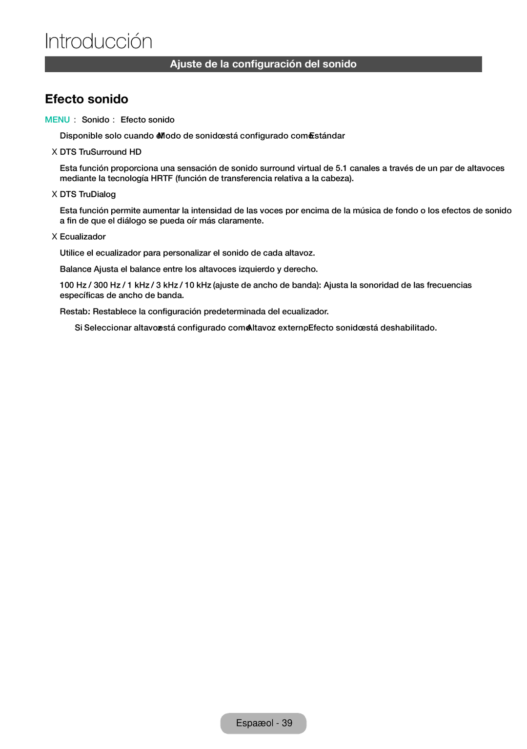 Samsung LT32E310EW/EN, LT28E310EW/EN, LT24E310EW/EN manual Efecto sonido, Ajuste de la configuración del sonido 