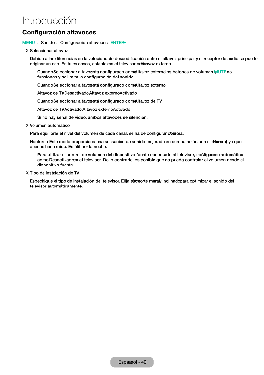 Samsung LT28E310EW/EN, LT32E310EW/EN, LT24E310EW/EN Configuración altavoces, Volumen automático, Tipo de instalación de TV 