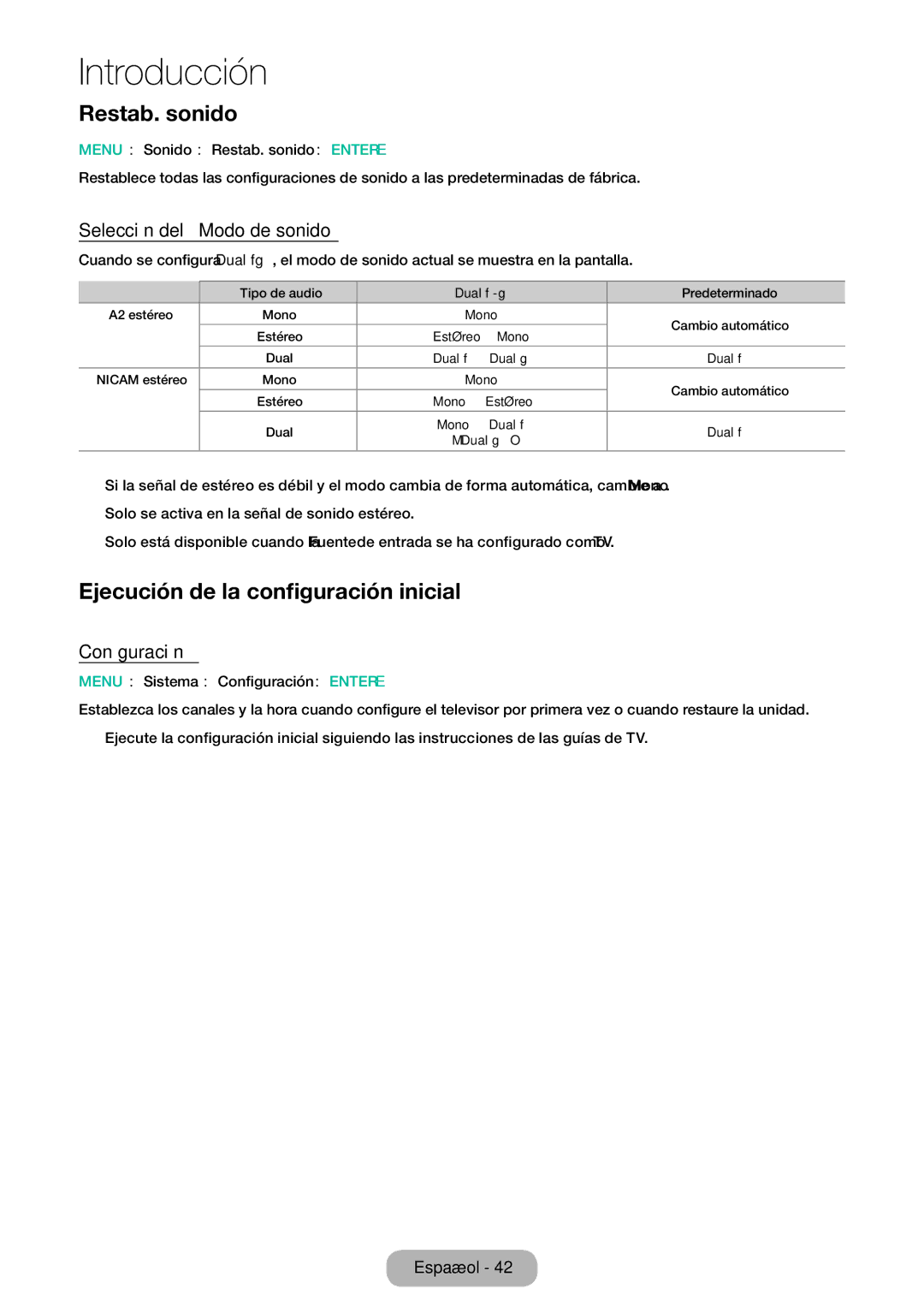 Samsung LT32E310EW/EN Restab. sonido, Ejecución de la configuración inicial, Selección del Modo de sonido, Configuración 