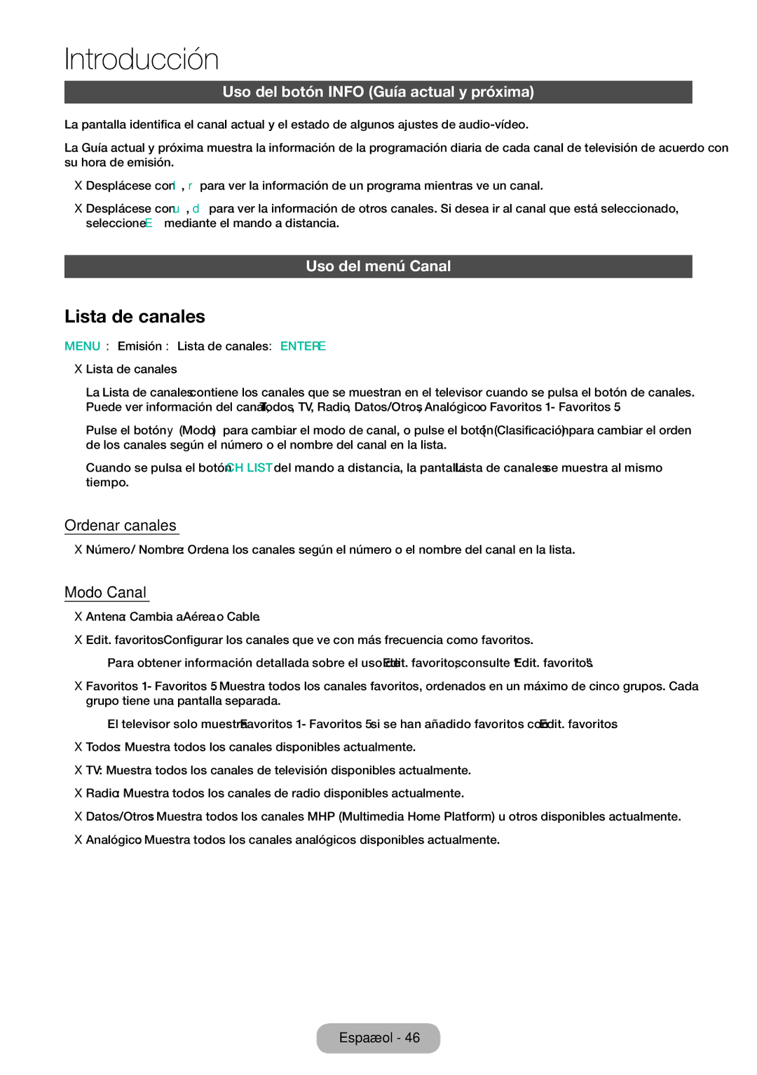 Samsung LT28E310EW/EN Lista de canales, Uso del botón Info Guía actual y próxima, Uso del menú Canal, Ordenar canales 