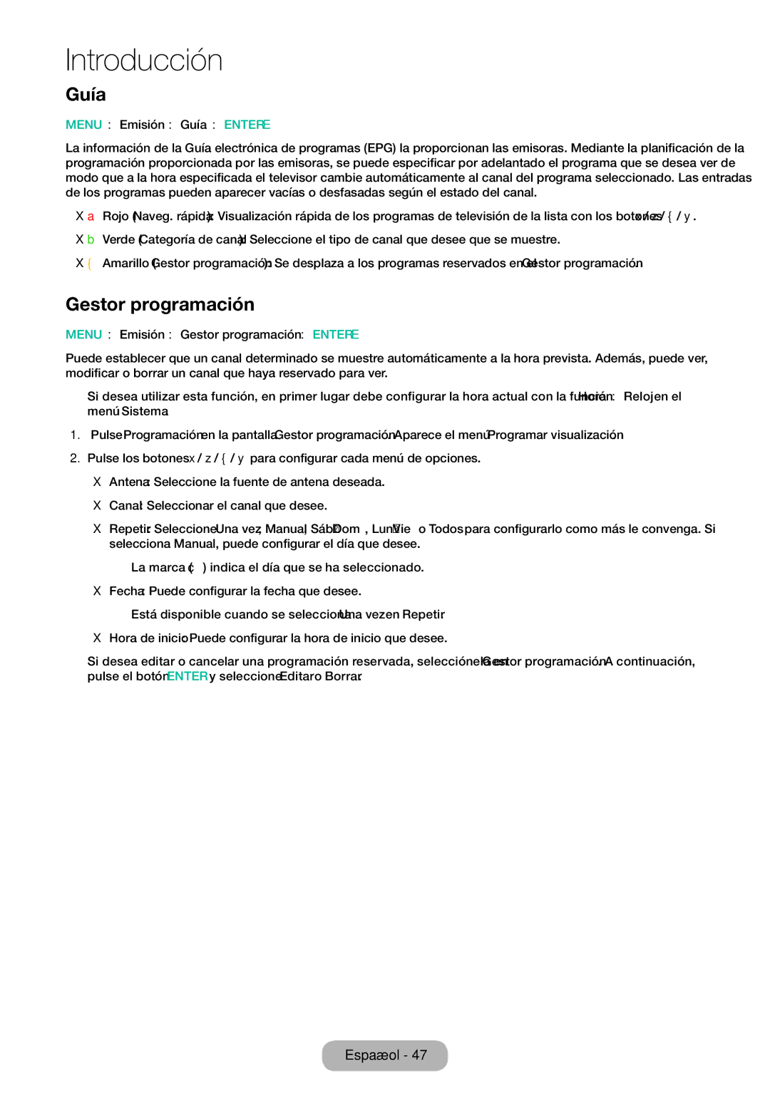 Samsung LT24E310EW/EN, LT32E310EW/EN, LT28E310EW/EN manual Gestor programación, Menu → Emisión → Guía → Entere 