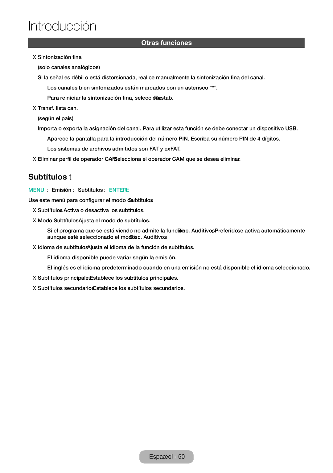 Samsung LT24E310EW/EN manual Subtítulos t, Otras funciones, Sintonización fina, Menu → Emisión → Subtítulos → Entere 