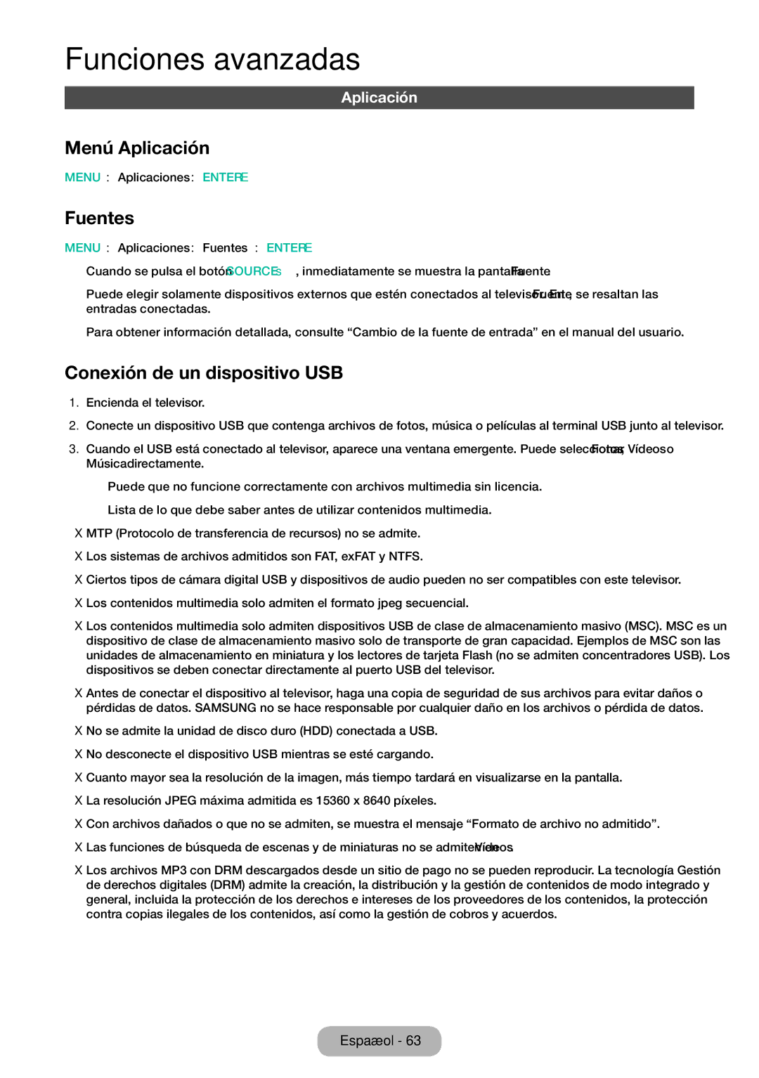 Samsung LT32E310EW/EN, LT28E310EW/EN, LT24E310EW/EN manual Menú Aplicación, Fuentes, Conexión de un dispositivo USB 