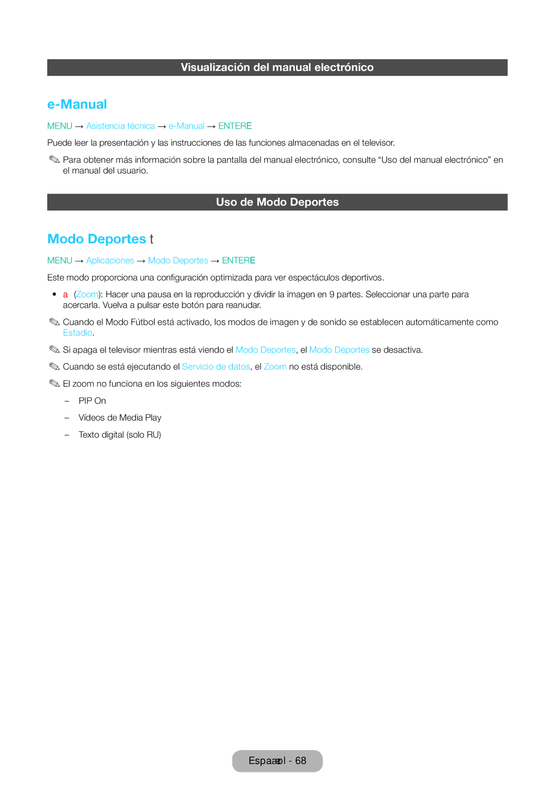 Samsung LT24E310EW/EN, LT32E310EW/EN Manual, Modo Deportes t, Visualización del manual electrónico, Uso de Modo Deportes 