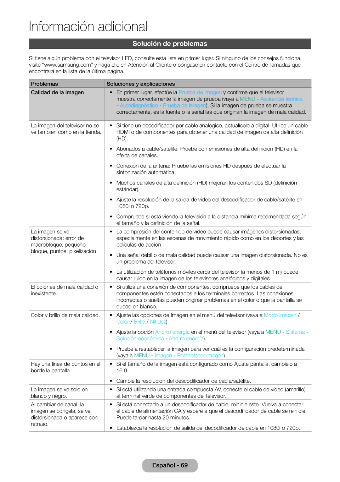 Samsung LT32E310EW/EN manual Solución de problemas, Color / Brillo / Nitidez, Vaya a Menu Imagen Restablecer imagen 