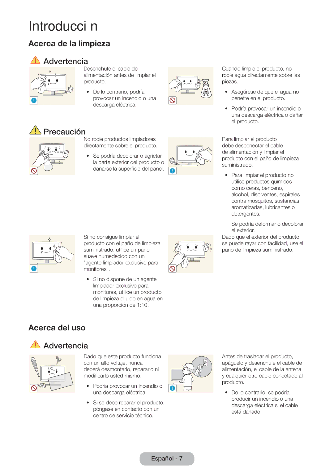 Samsung LT28E310EW/EN, LT32E310EW/EN, LT24E310EW/EN manual Acerca de la limpieza, Acerca del uso 