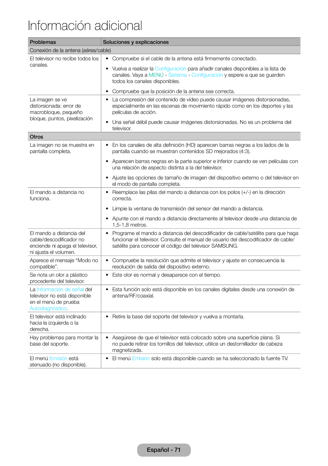 Samsung LT24E310EW/EN, LT32E310EW/EN, LT28E310EW/EN manual La Información de señal del, Autodiagnóstico 