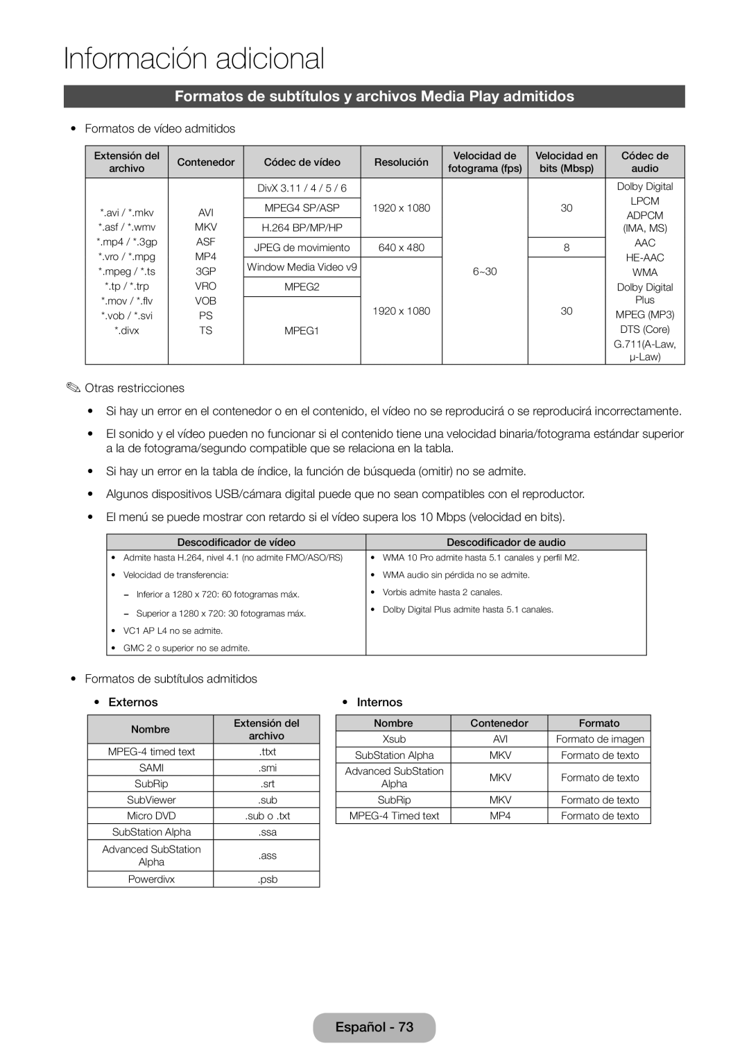 Samsung LT28E310EW/EN, LT32E310EW/EN Formatos de subtítulos y archivos Media Play admitidos, Formatos de vídeo admitidos 