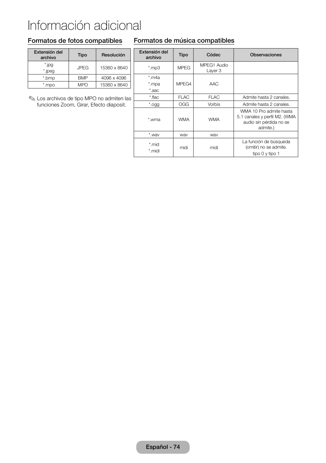 Samsung LT24E310EW/EN, LT32E310EW/EN, LT28E310EW/EN manual Formatos de fotos compatibles Formatos de música compatibles 