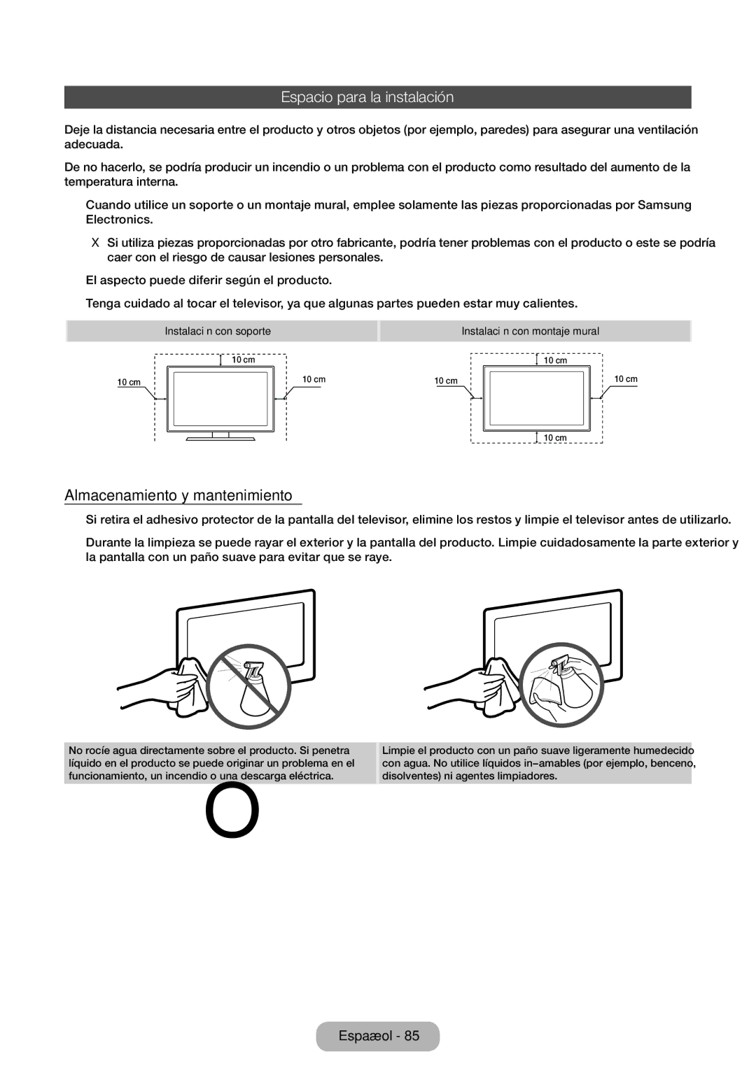 Samsung LT28E310EW/EN, LT32E310EW/EN, LT24E310EW/EN manual Espacio para la instalación, Almacenamiento y mantenimiento 