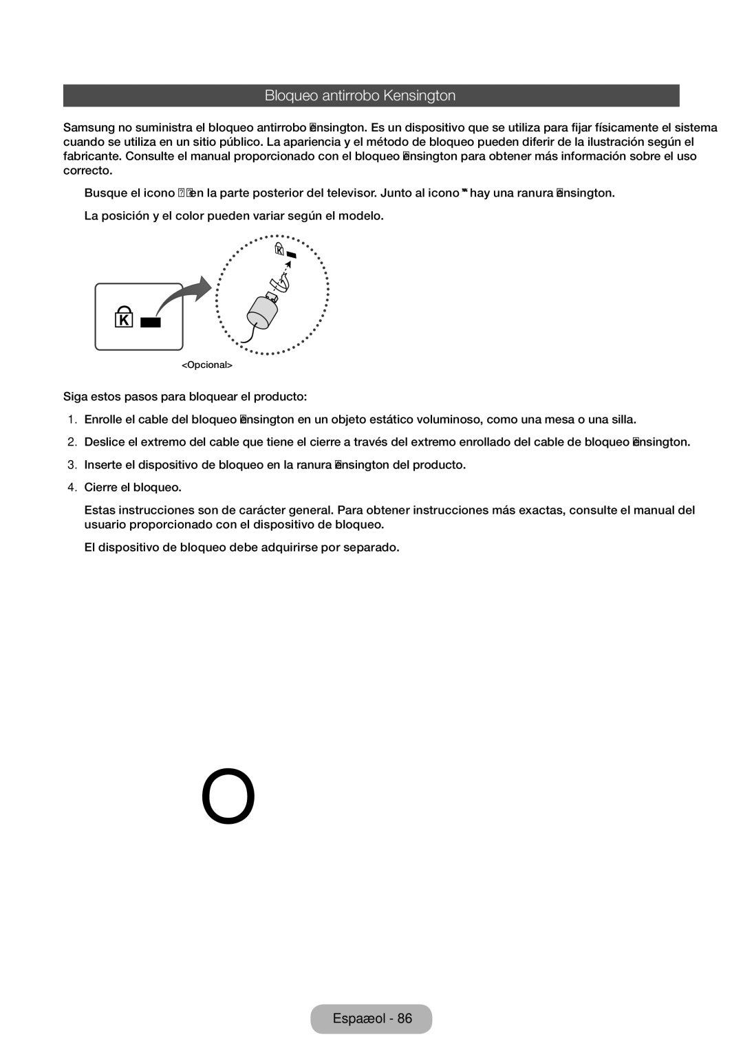 Samsung LT24E310EW/EN, LT32E310EW/EN, LT28E310EW/EN manual Bloqueo antirrobo Kensington 