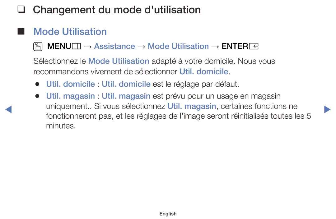 Samsung LT32E310EX/EN manual Changement du mode dutilisation, OO MENUm → Assistance → Mode Utilisation → Entere 